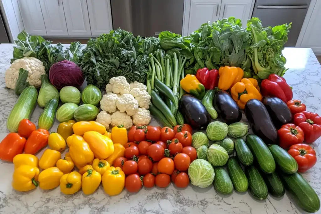 A colorful assortment of fresh vegetables arranged on a marble countertop.