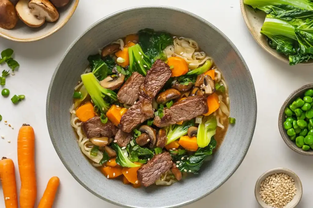 Healthy beef ramen with lean beef and vegetables.