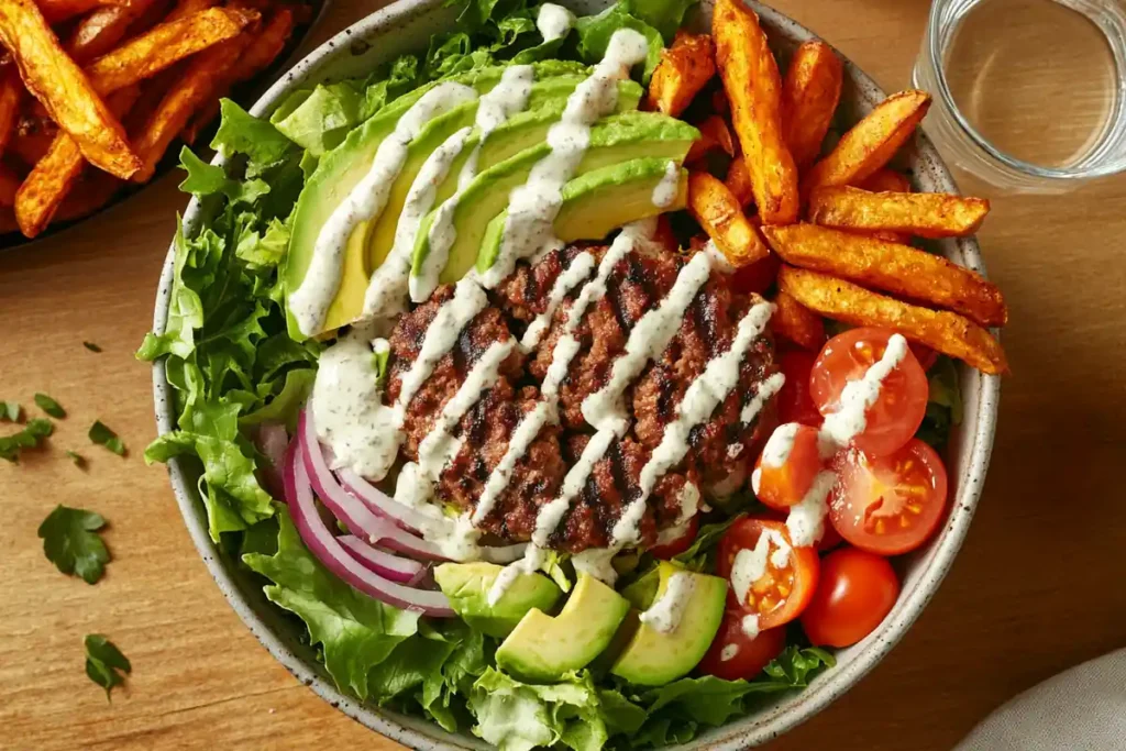 Burger bowl with grilled beef, avocado, and fresh vegetables