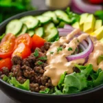 Burger bowl recipe with beef, fresh veggies, and special sauce