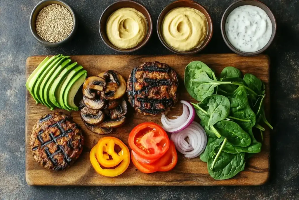 Healthy burger toppings including avocado, spinach, and hummus