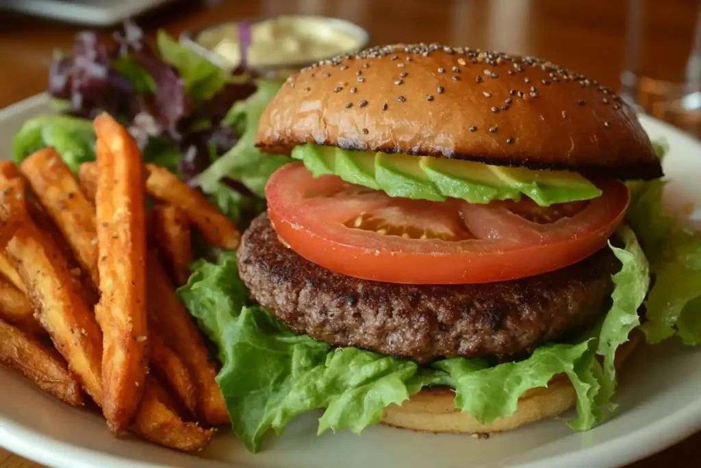 Healthy hamburger with avocado, lettuce, and sweet potato fries