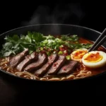 Beef ramen bowl with fresh herbs, egg, and chili oil