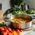 A pot of vegetable soup sits on a marble countertop surrounded by fresh ingredients.