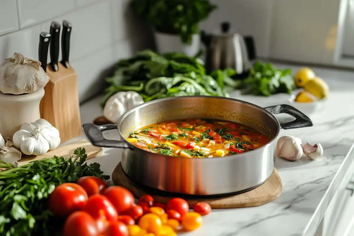 A pot of vegetable soup sits on a marble countertop surrounded by fresh ingredients.