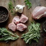 Raw pork, turkey, and chicken for making breakfast sausage.