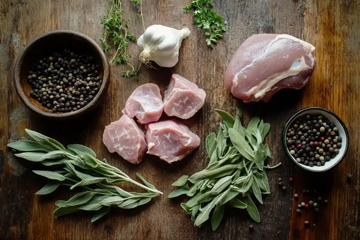 Raw pork, turkey, and chicken for making breakfast sausage.