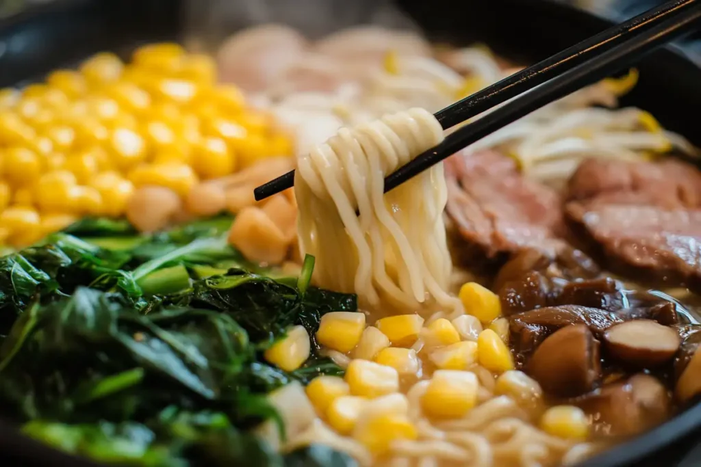 Miso ramen with spinach and mushrooms.