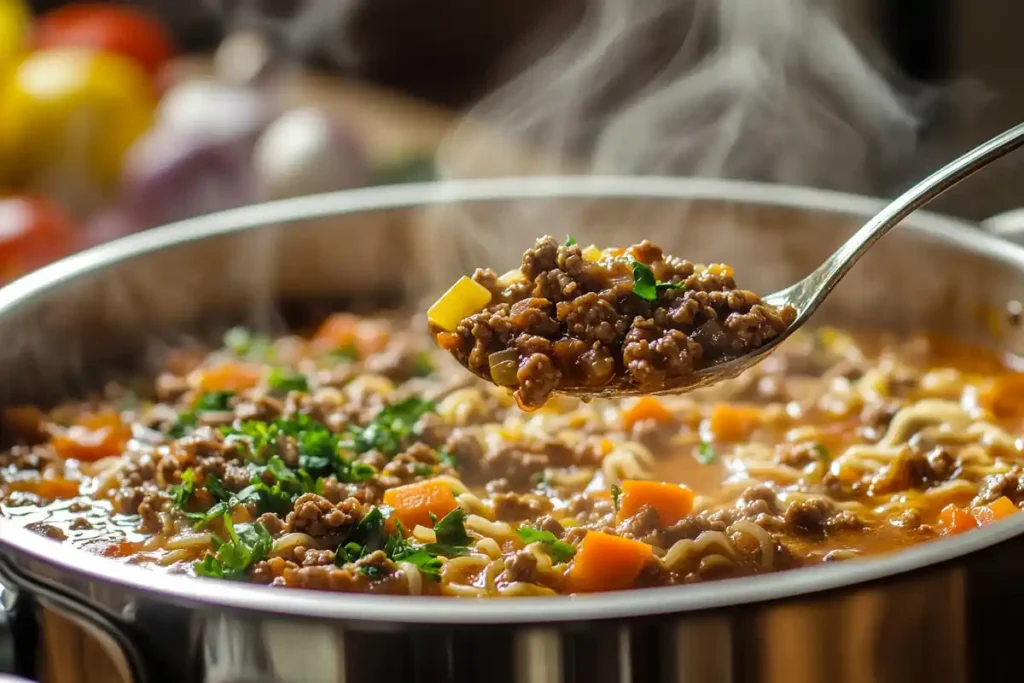 One-pot beef ramen with noodles and vegetables cooking in a pot.