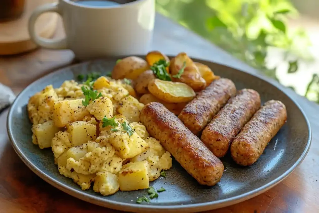 Cooked Beyond Meat sausage patties with roasted potatoes and tofu.