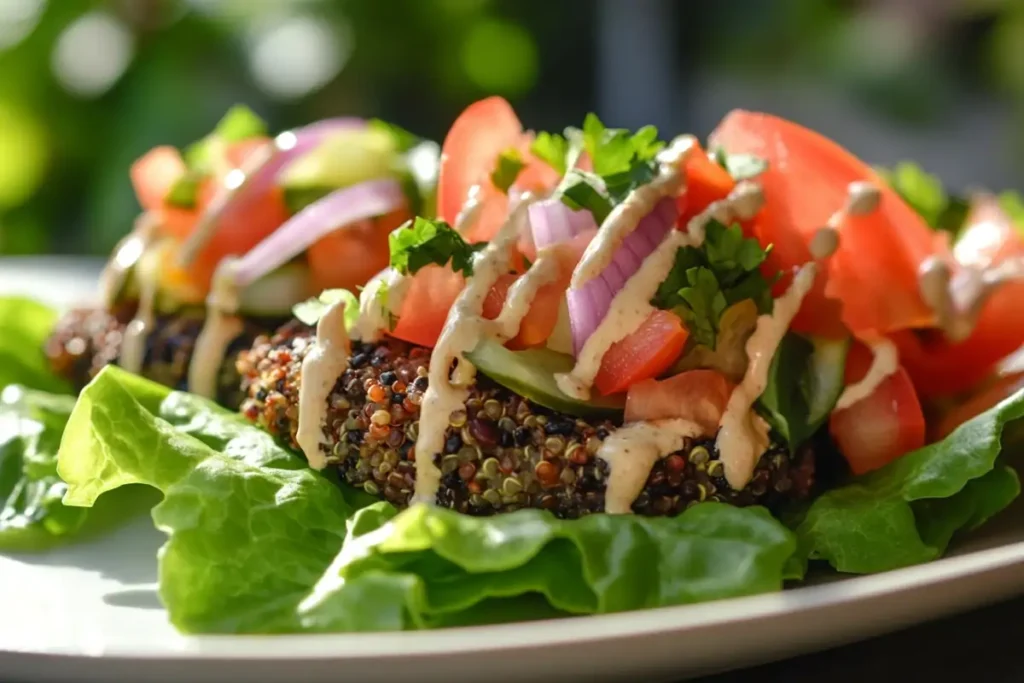 Plant-based burger with lettuce wrap and tahini sauce