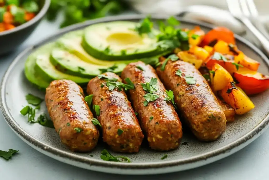 Plant-based breakfast sausages with roasted vegetables.