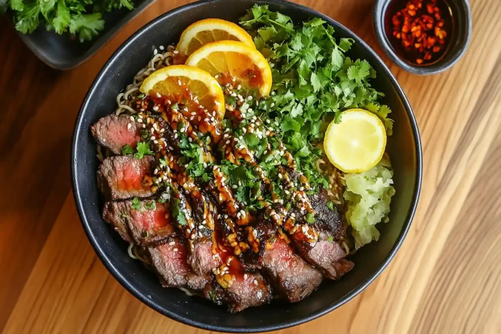 Beef ramen with ponzu sauce and fresh yuzu slices