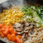 Ramen soup with bok choy, mushrooms, and carrots.