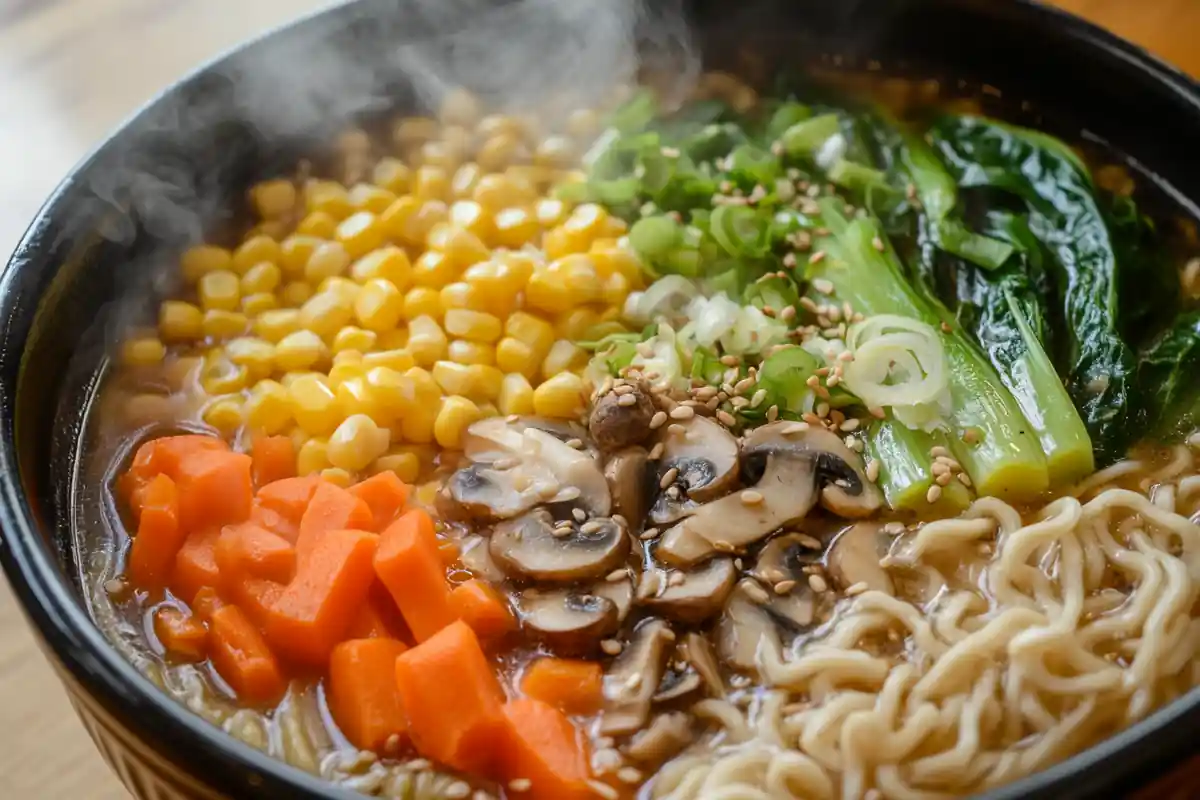 Ramen soup with bok choy, mushrooms, and carrots.