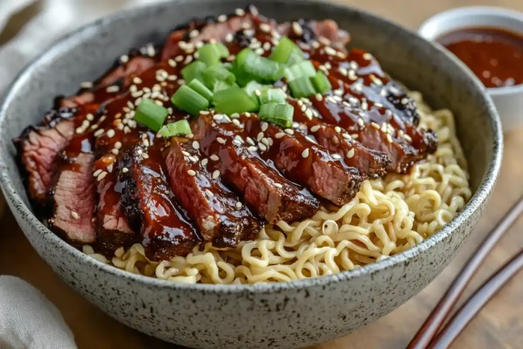 Beef ramen with BBQ sauce and sesame garnish