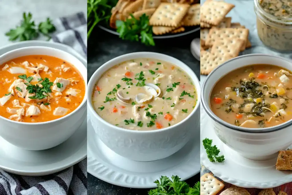 Three bowls of soup – clam chowder, chicken noodle, and gumbo.