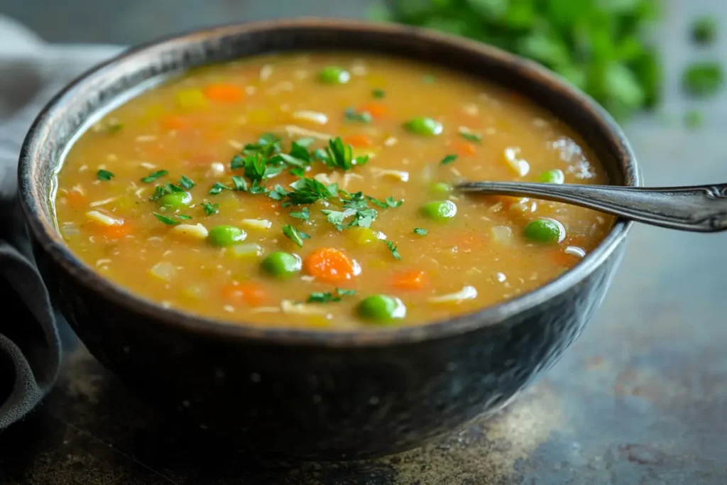 A bowl of Campbell’s chicken noodle soup with fresh vegetables.