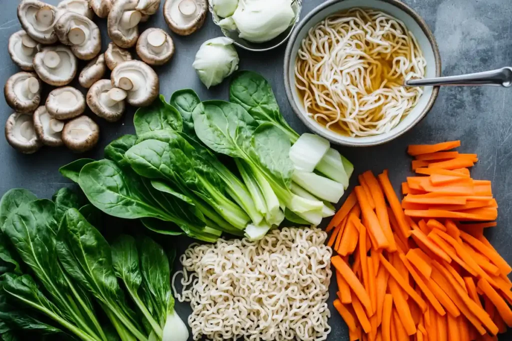 Fresh vegetables prepared for ramen soup.