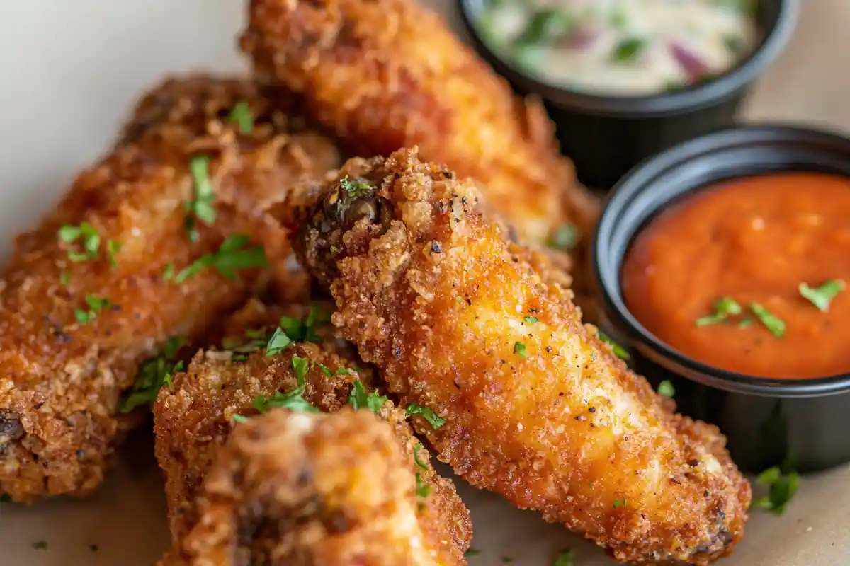 Battered fried chicken wings with dipping sauce. The article about Should I batter my wings before frying?