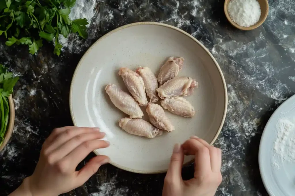 Preparing chicken wings before breading
