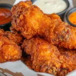 Crispy fried chicken wings with dipping sauce, showing that the article will explore whether "Is it better to fry wings in flour or cornstarch?"