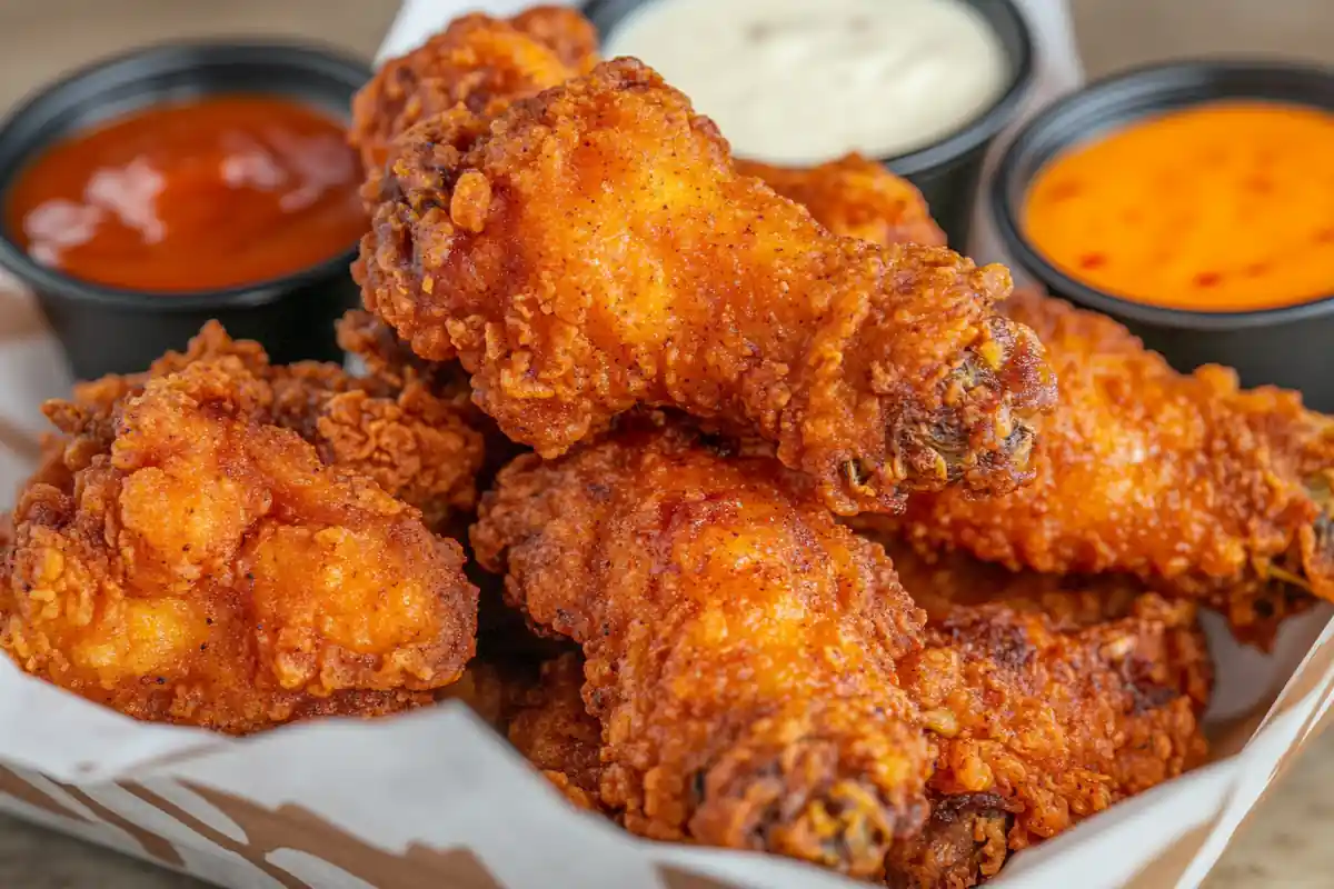 Crispy fried chicken wings with dipping sauce, showing that the article will explore whether "Is it better to fry wings in flour or cornstarch?"