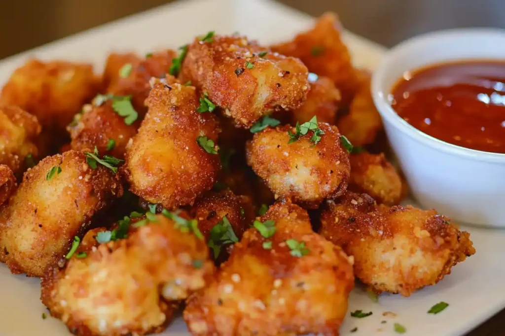 A plate of crispy chicken wings and dipping sauces, the end result of the article.
