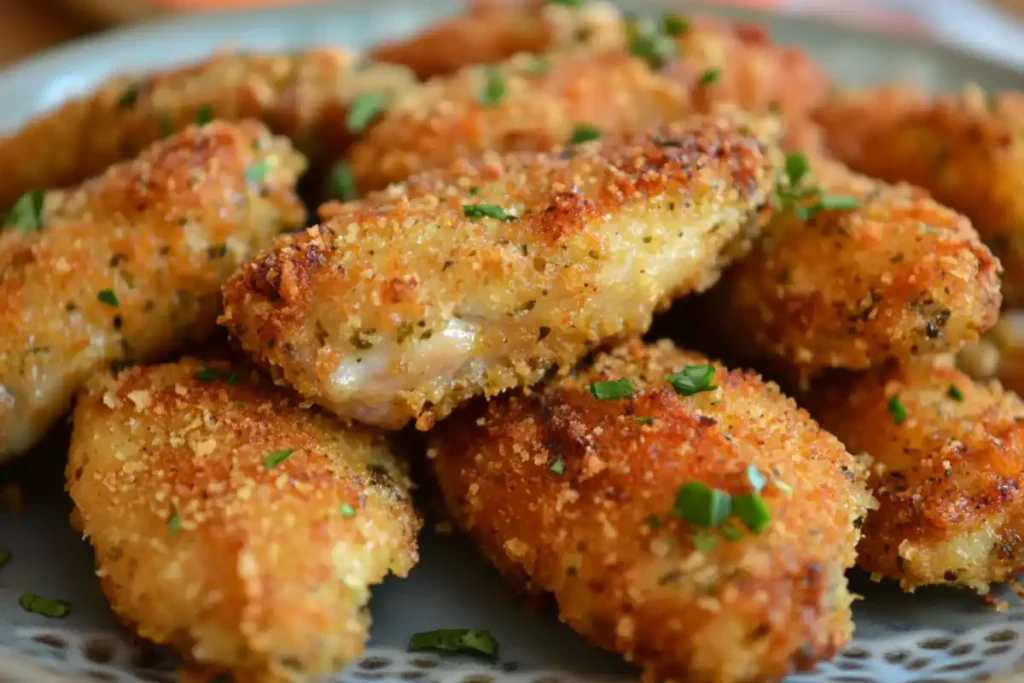 Hot, cooked, tasty breaded chicken wings.