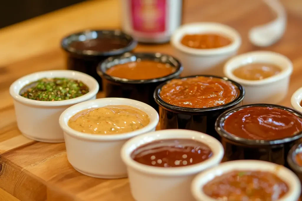 Assortment of dipping sauces for crispy wings
