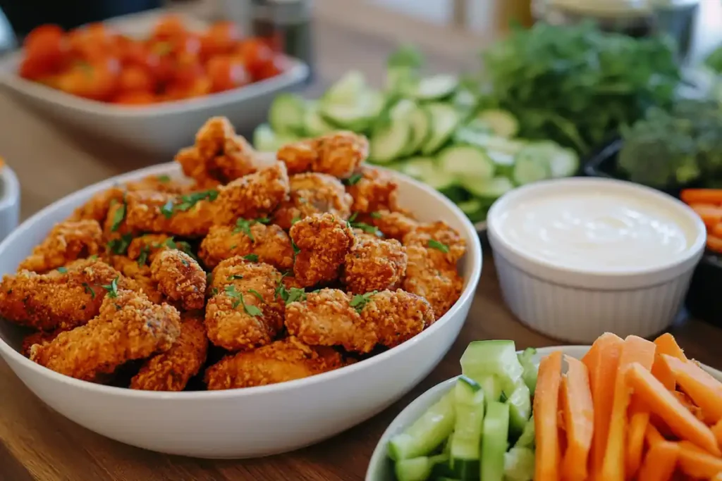 Crispy breaded chicken wings with dipping sauce.