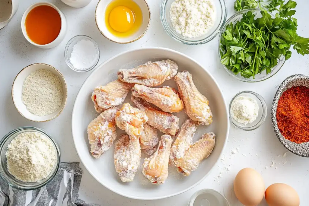 Preparing breaded chicken wings.