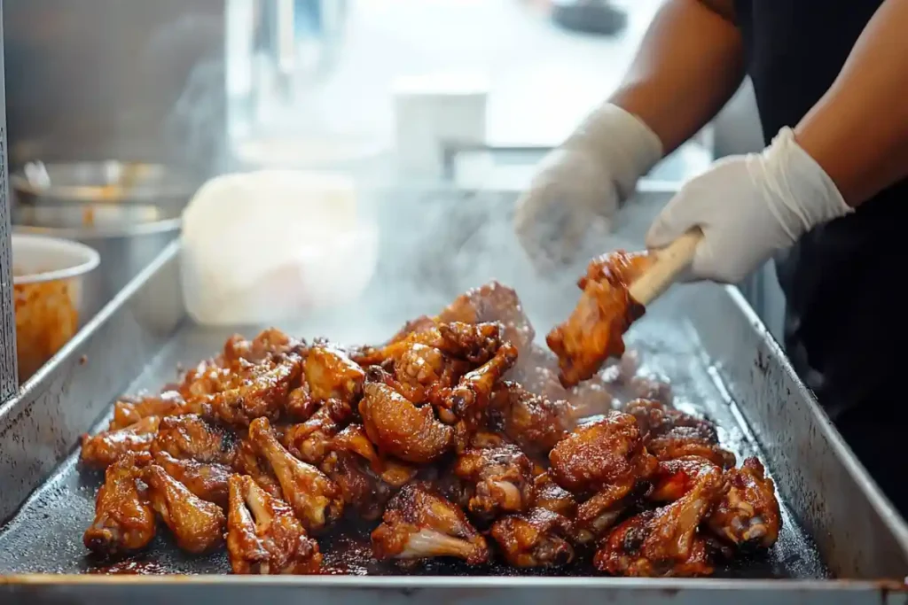 Chicken Wings being tossed in cornstarch
