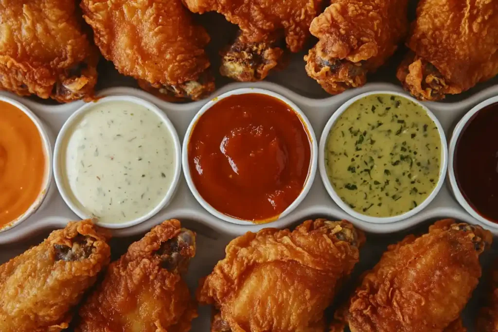 A plate of crispy battered chicken wings and sauce.
