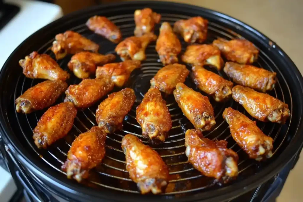 Frying chicken wings ensuring a savory result.
